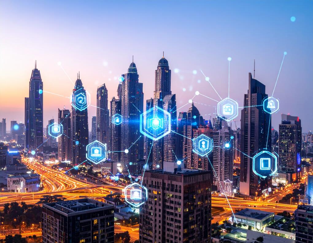Firefly_-Futuristic Dubai cityscape merging physical real estate with digital blockchain tech 324570 property tokenisation
